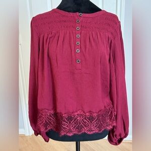FRYE Burgundy Lace Detail Dark Romantic Fairy Boho Top Size Large VGUC